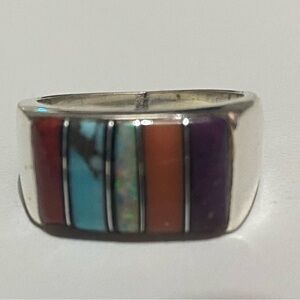 Authentic Native Zuni Multicolor Inlay 925 Sterling Silver Ring (Size 7)
